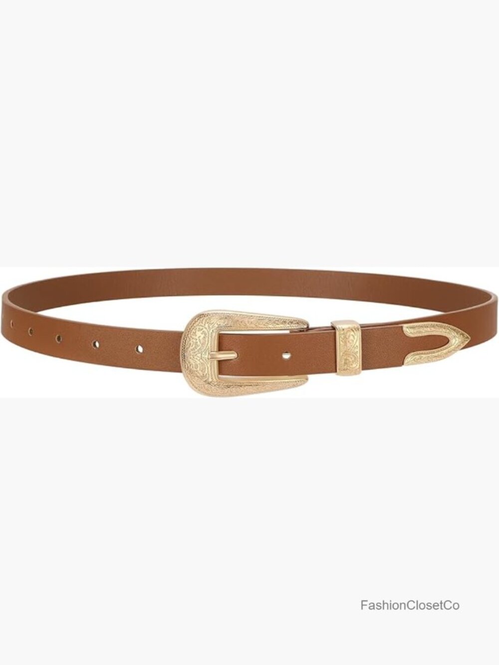 Western Skinny Vegan Leather Belt with Carved Buckle for Women - 0.8" Width, 9 - Picture 1 of 7